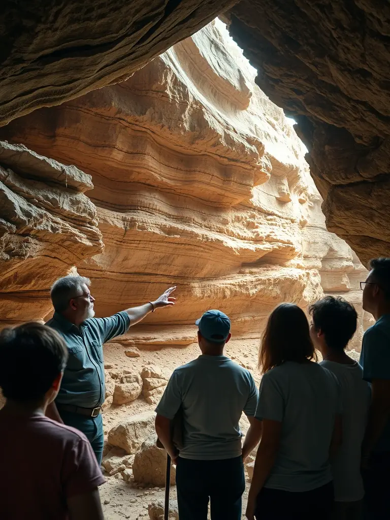 A photograph of a guided tour inside a geological site, with a BM geologist explaining the formation of unique rock structures to a group of adults.