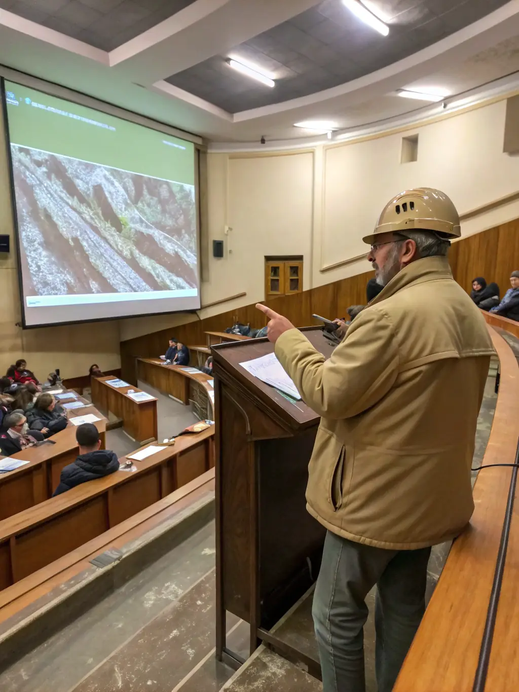 A photograph of a classroom setting where a BM educator is demonstrating the use of geological tools and instruments to a group of students.