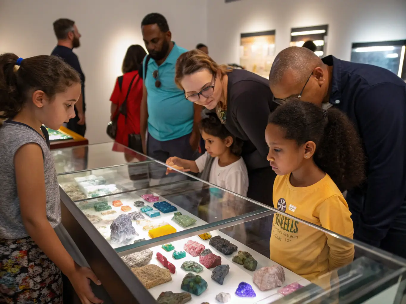 A group of children and adults engaged in a mineral identification activity with geological tools and mineral samples, representing the Educational Workshops program at LA BOSSE DES MINERAUX.