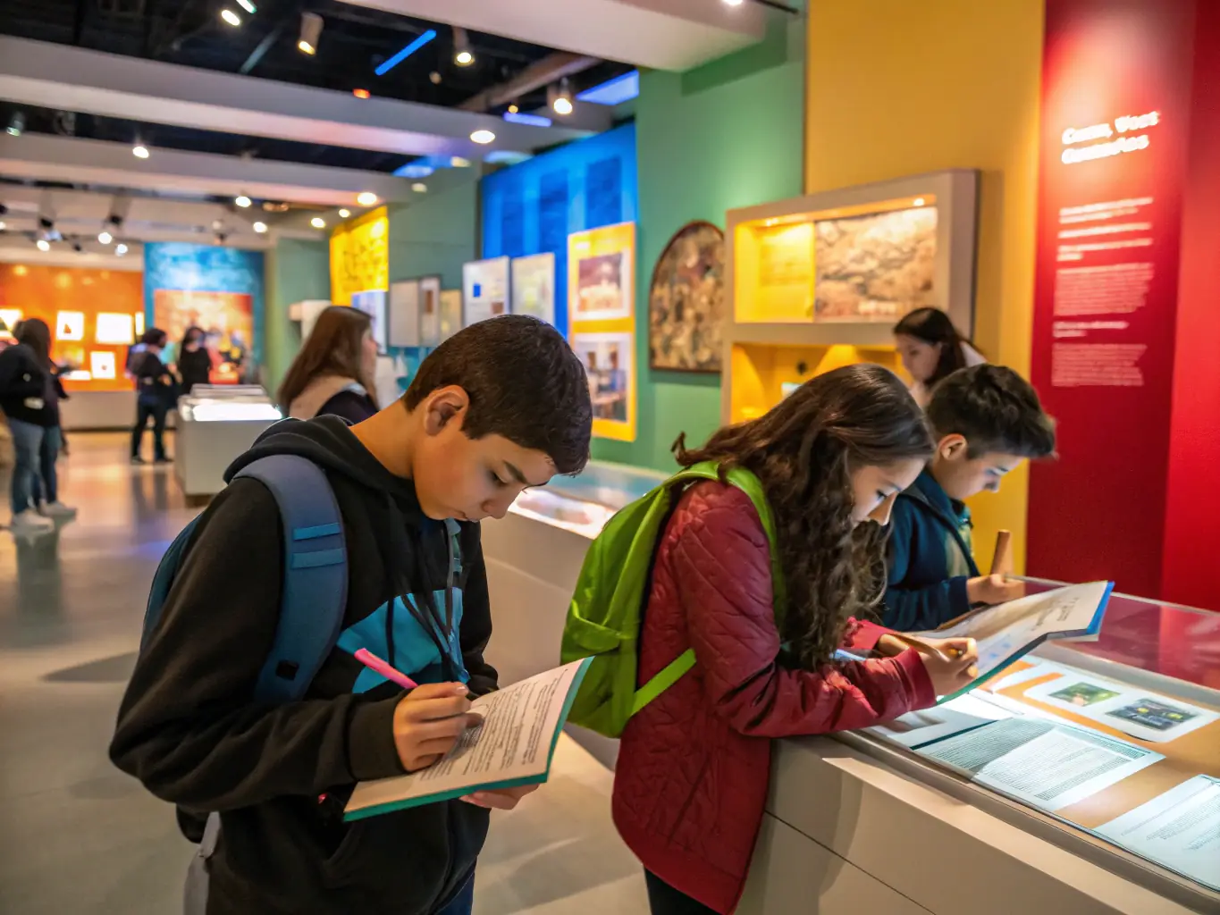 A photograph of a museum educator leading a guided tour through a geological exhibit, highlighting key mineral specimens and explaining their formation processes.