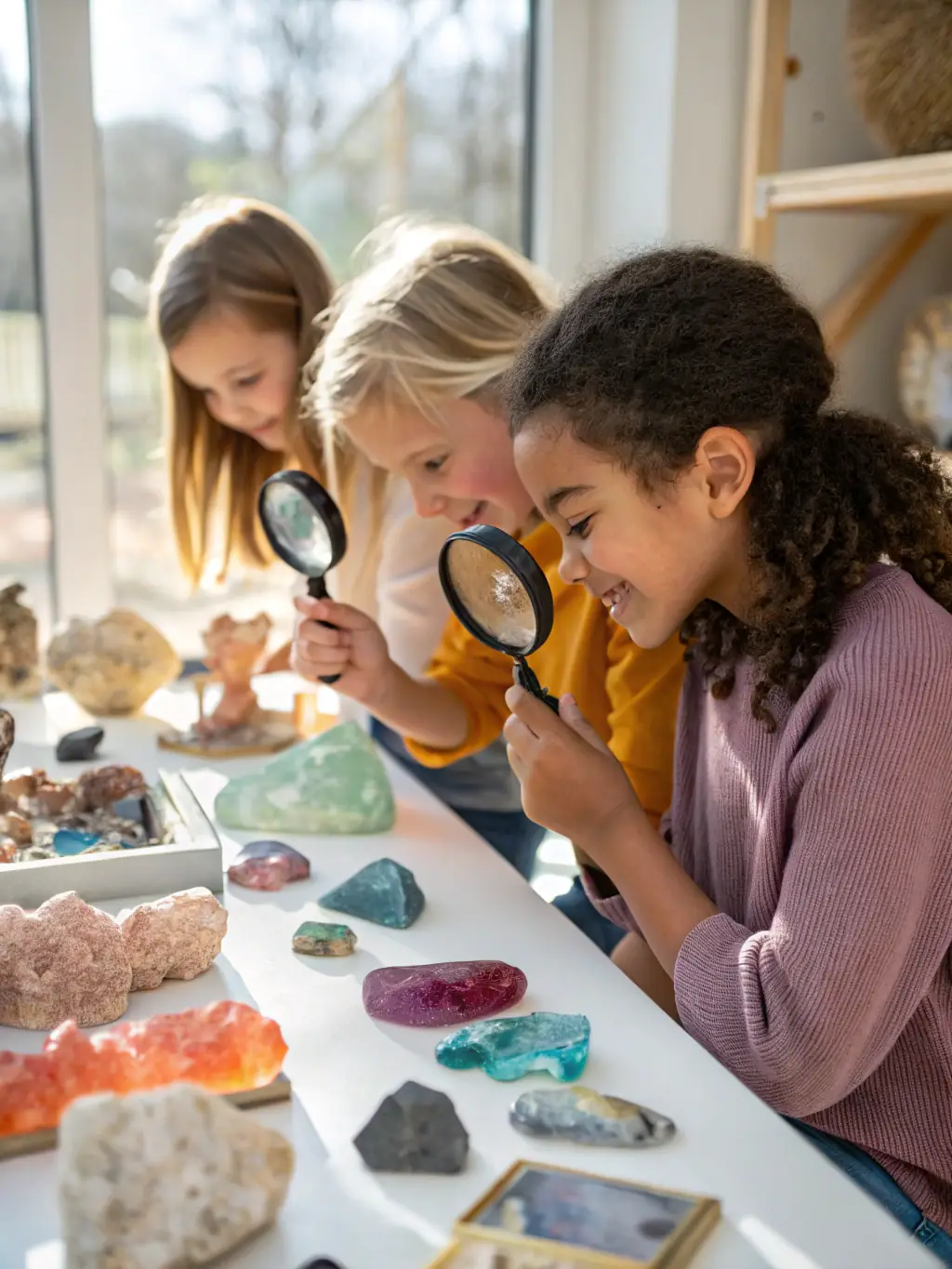 A photograph of children participating in a mineral identification workshop at the Wolframines geology center, focusing on hands-on learning and engagement with geological samples.