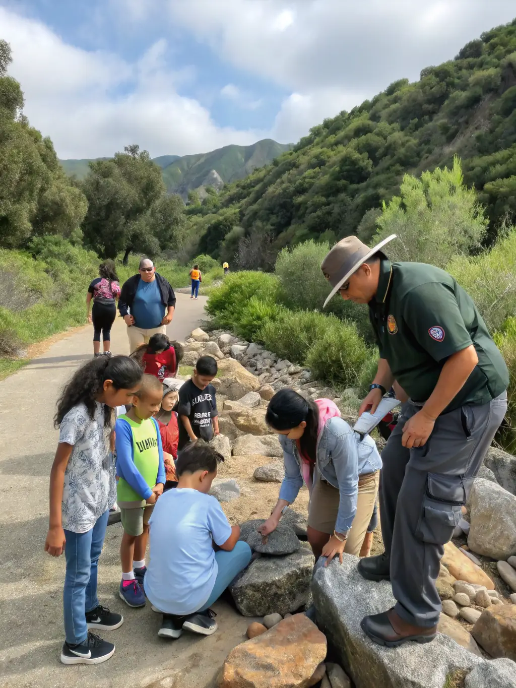 A photograph of a group of people panning for gold at a designated area within the Wolframines center, showcasing the excitement of finding precious minerals.